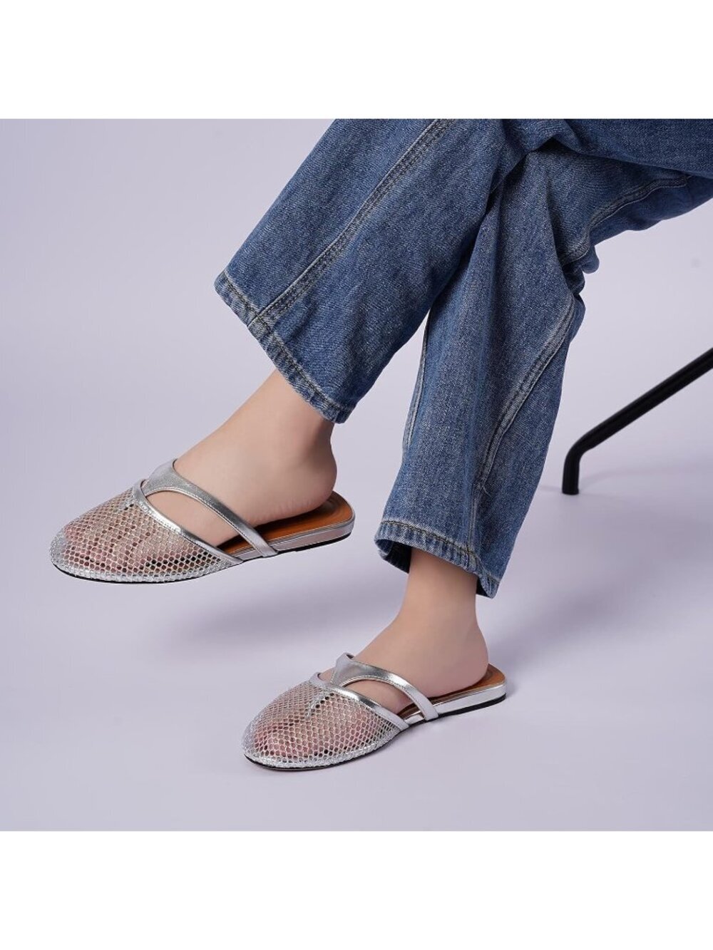 Women's Mesh Silver Open Round Toe Flip Flops Comfy Slip on Flats Sandals - Picture 6 of 6